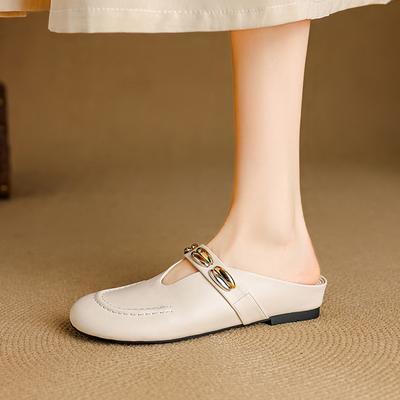 Mode 2025 Nieuwe Zomer Slippers Echt Leer Dames Schoenen Mode Verhoging Hoogte Mules Middelhoge Hakken Bedekte Teen Slippers Sandalen