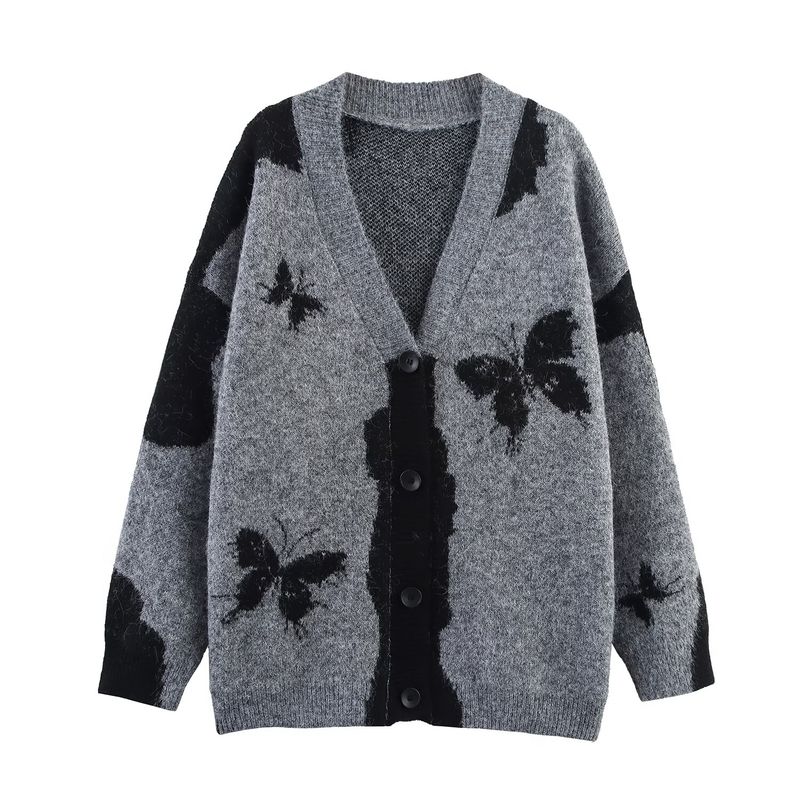 Kaslead New Women Clothes Western Style Lazy Butterfly Jacquard V-neck Long Sleeve Knit Sweater Cardigan Outerwear