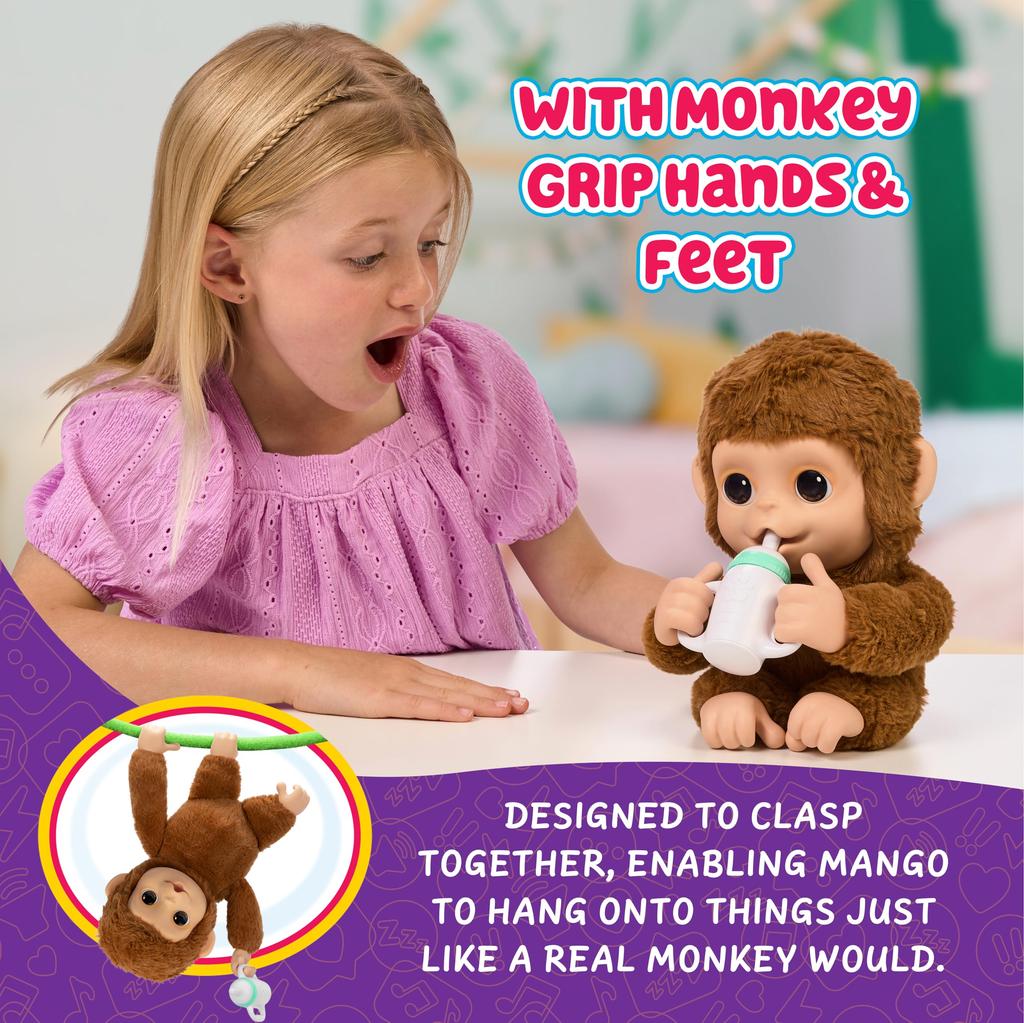 Little Live Pets My Baby Monkey Mango Sounds and Reactions Plush Interactive Monkey Toy Set with Interactive Pet for Ages 50+ Accessories, 4+