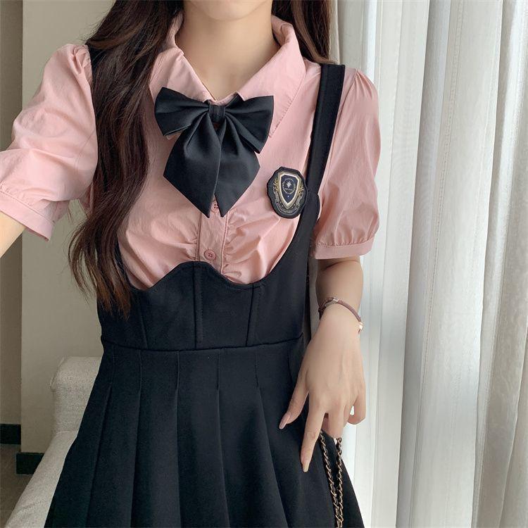 

Plus Size Fishbone A-Line Strap Skirt and College Style Shirt Set - Slimming JK Design L (105-120 lbs recommended)