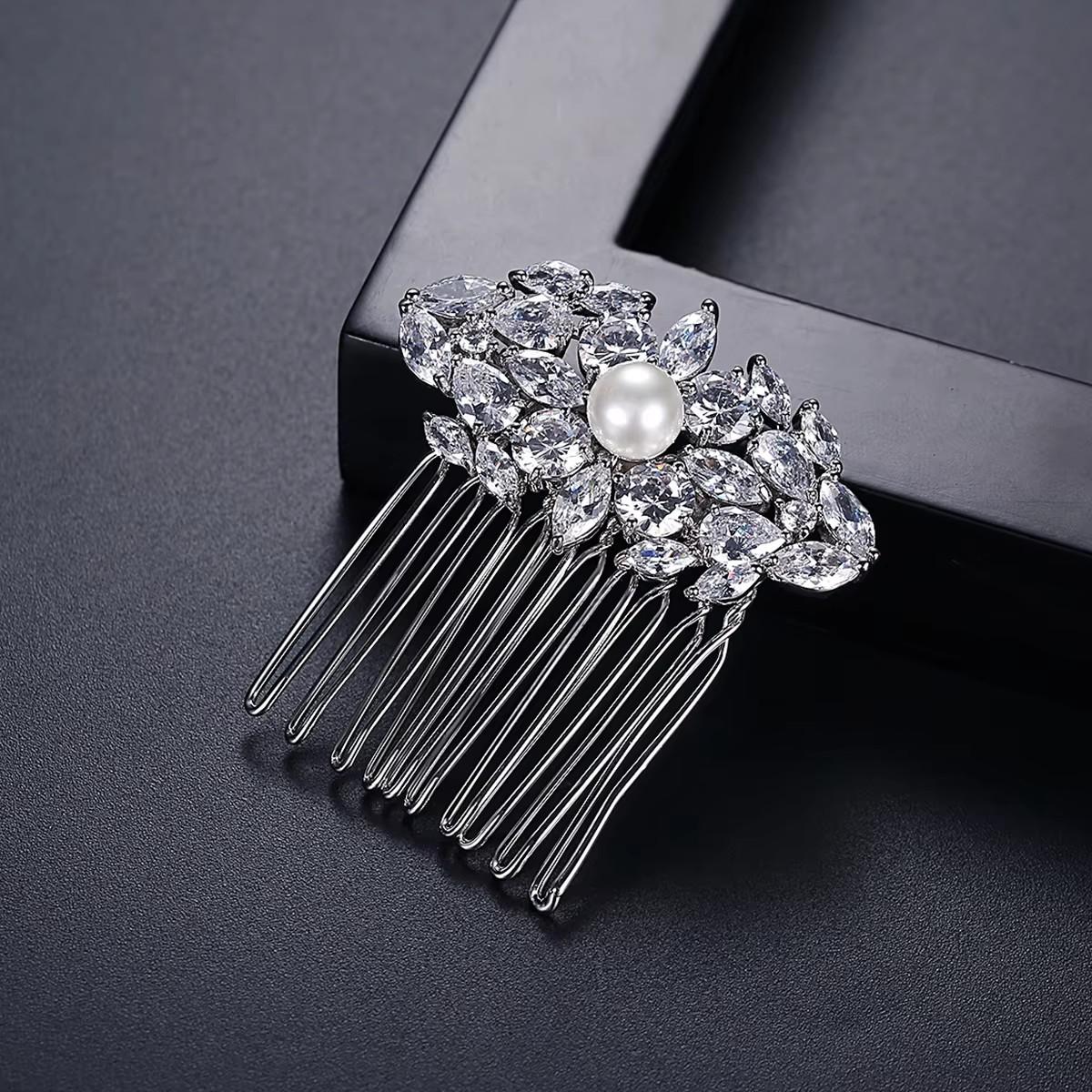 LUOTEEMI Hair Accessories Rhodium Plating Rhinestone Cubic Zirconia Cute Flower Wedding Bridal Pearl Hair Comb