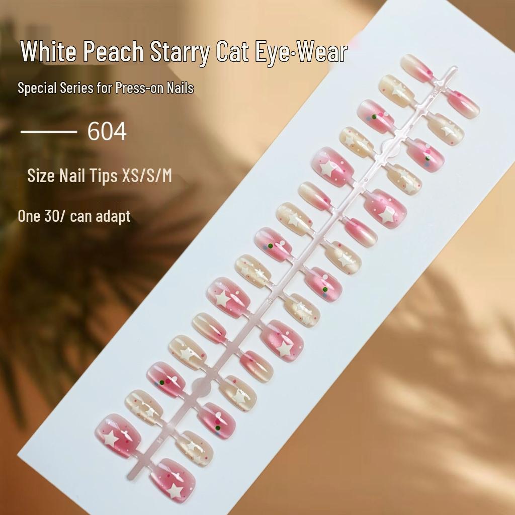 

Exquisite White Peach Cat Eye Press-On Nails - Sweet Girly Heart Design