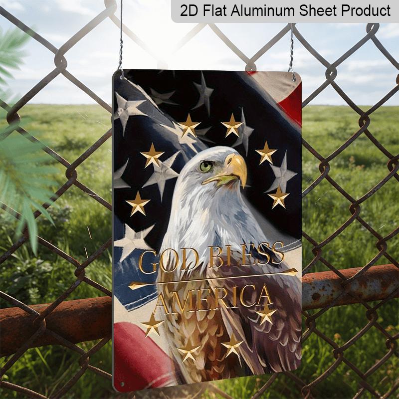 2D Flat Vintage Patriotic Metal Wall Decor - 4th of July USA Flag & Eagle Aluminium Sign with "God Bless America" Inscription, Durable Aluminium