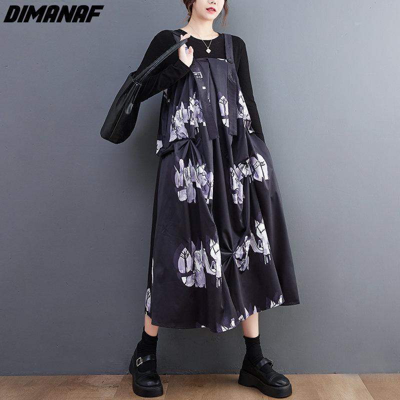 

DIMANAF Новый осенний стиль Женщины Без рукавов Платье Черный лоскутный жилет Узор Принт Мода Свободное платье 2022 Длинные платья