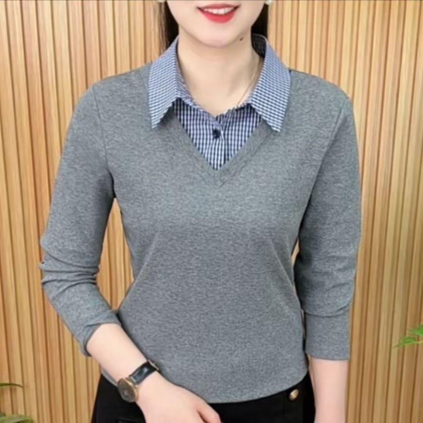 

Мода Весна/Осень 2025 Облегающий топ с лацканами в стиле колор-блок: Универсальный, с длинным рукавом и неподвластный времени M (85-100 lbs) серый