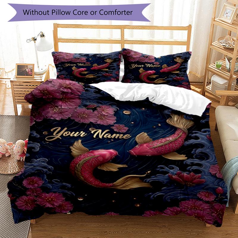 Poisson Koi Fleur Personnalisé Nom Texte Impression 1 Pièce Ensemble de Literie Housse de Couette Avec Deux Taies d'Oreiller Linge de Lit Doux Pour Chambre à Coucher Domestique