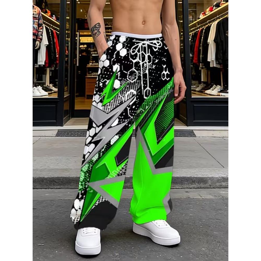 Men's 3D Geometric Pattern Printed Baggy Casual Trousers,  Elastic Drawstring Waist with Pockets, for Spring Summer Home Outdoor Vacation