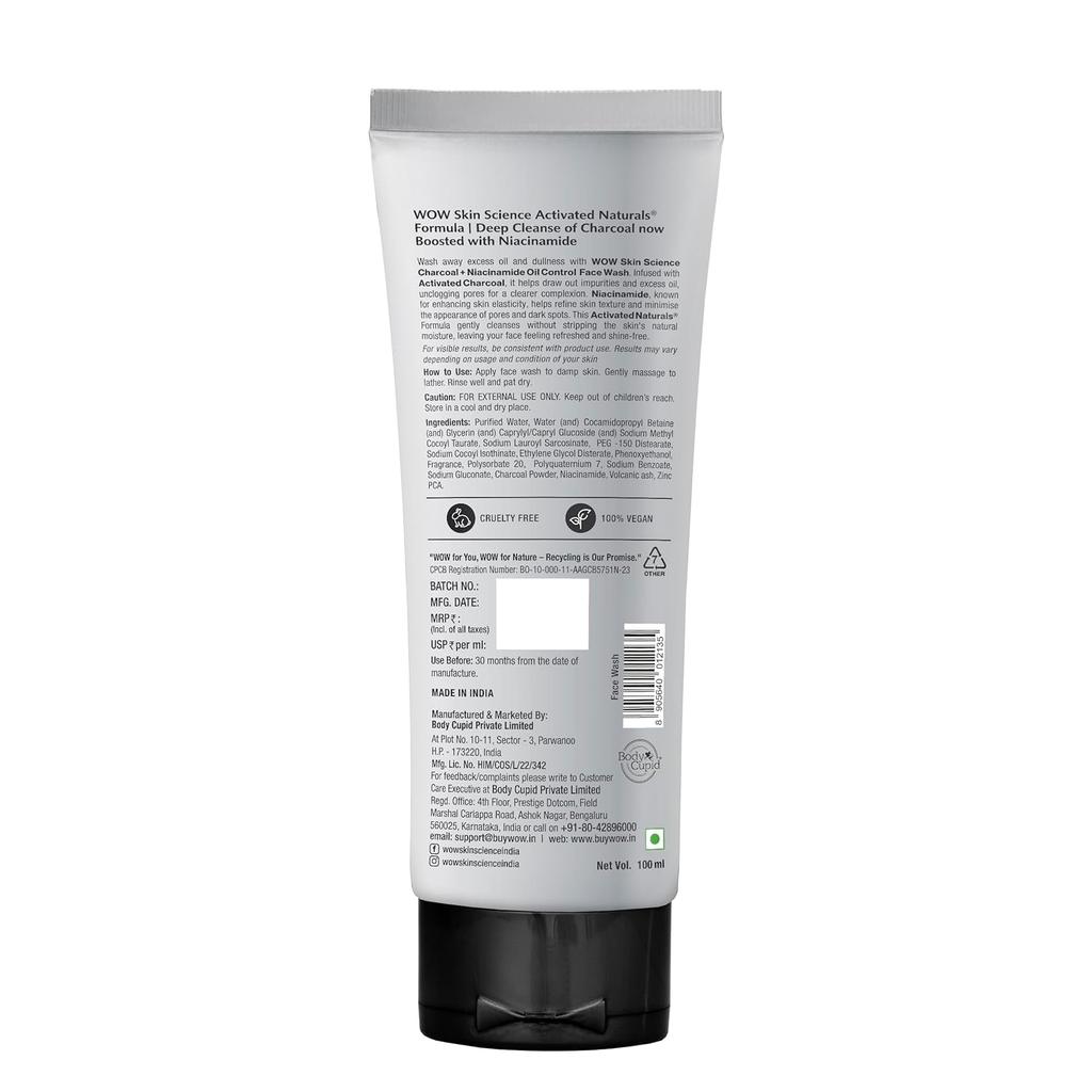 WOW Skin Science Men Charcoal & Niacinamide Oil Control Face Wash, 100 Ml Deep Cleansing for Oily Skin, Mattifying