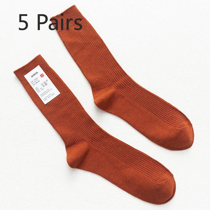 5 Pairs of Men's Retro Sweat-absorbing Vertical Striped Plain Color Cotton Mid Calf Socks