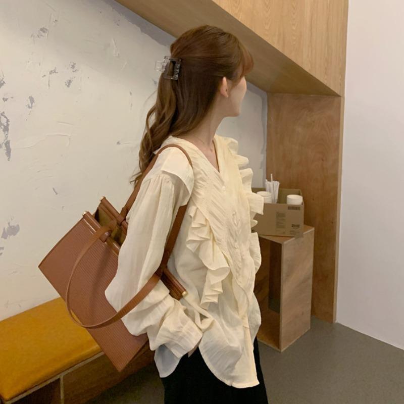 Women's Ruffled Solid Color Shirt V-neck Single Breasted Bubble Sleeve Pleated Ladies Blouses French Version Loose Casual Woman Top