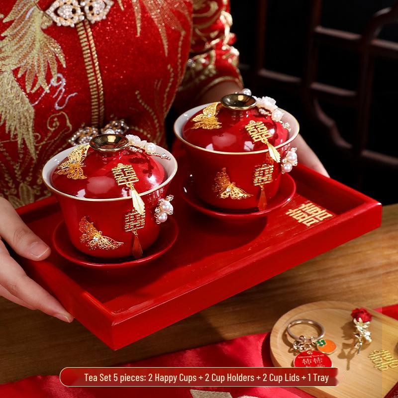 Wedding Tea Set: Red Bowls, Cups, and Chopsticks for Bride's Dowry
