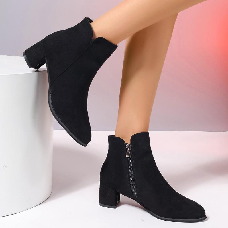 Fashionable Versatile Short Boots Women Autumn Winter Pointed Toe Thick Heel Side Zipper Casual Comfortable High-heeled Boots