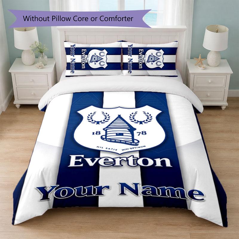 Everton FC Benutzerdefinierter Name Text Bettwäsche-Set 1 Bettbezug + 2 Kissenbezüge Fußball-Logo Personalisierte Geschenk für besonderen Anlass Schlafzimmer Dekor