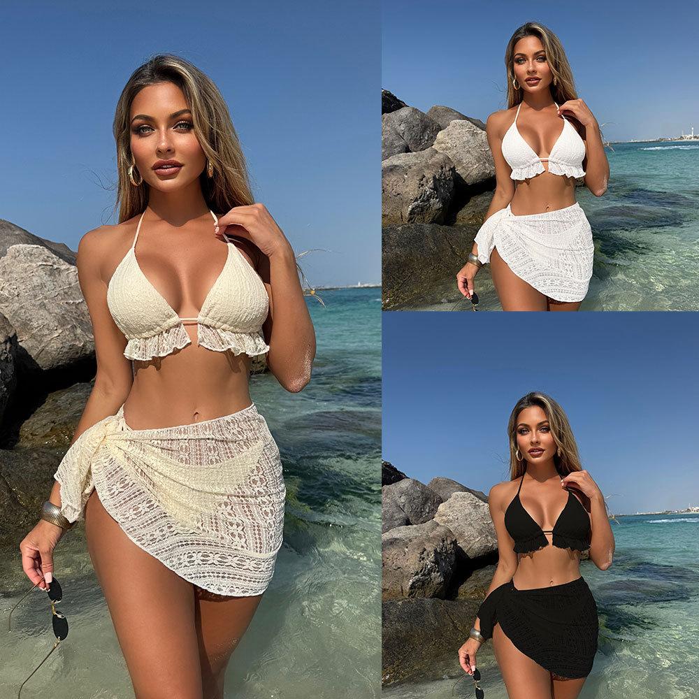Women's 3 Piece Ruffle Halter Bikini Set Textured Triangle Top Lace Crochet Cover Up Skirt Sexy Summer Beach Hot Spring Bathing Suit Swimwear