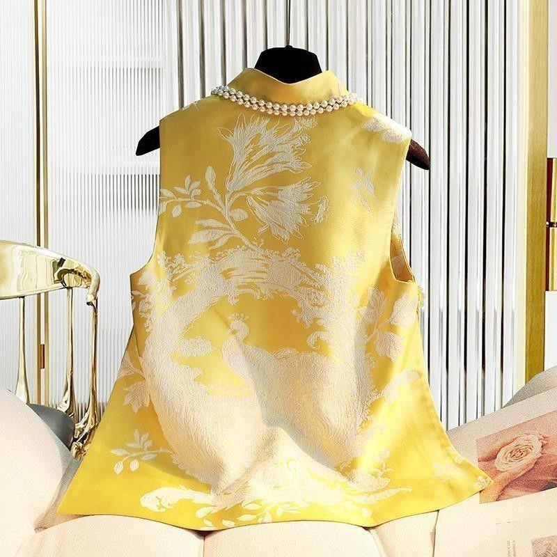 2025 Weste Damen Frühling und Herbst Retro Jacquard Satin Skinny Weste