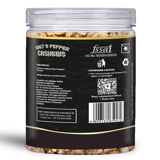 Fabeato Salt & Pepper Cashews 250g - Premium Kaju Trockenfrüchte, ganze knackige Cashews - Proteinreich, nahrhaft, knackig & lecker