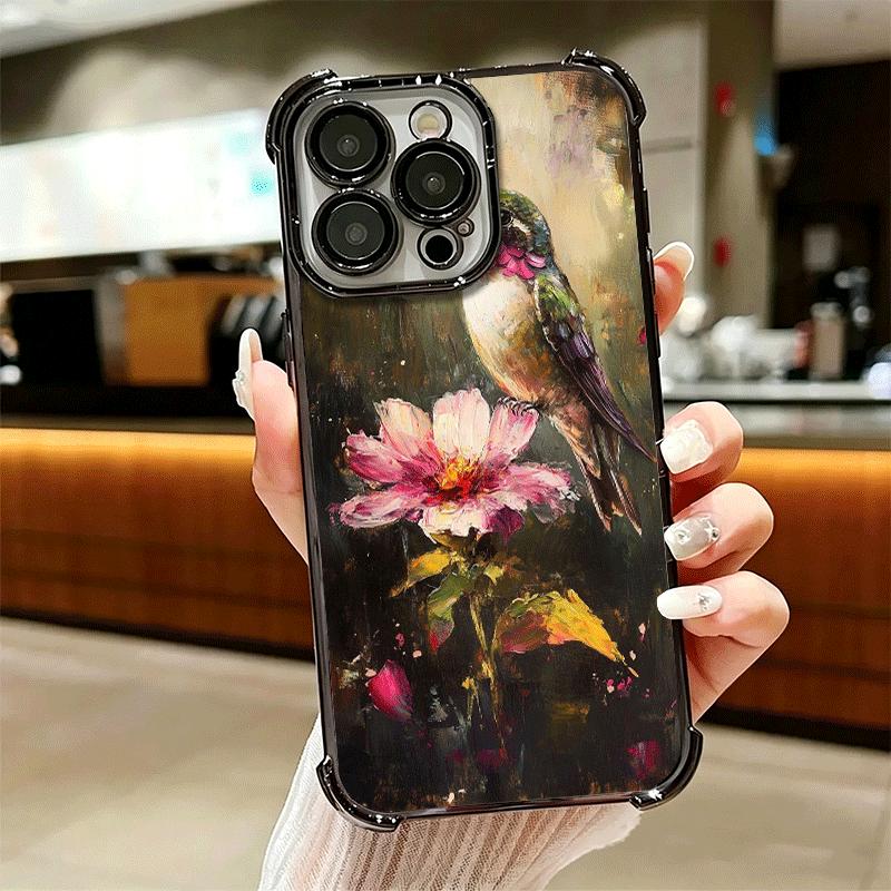 Bird Oil Painting Style Plating Phone Case For Iphone 16 17 Pro Max Air 16E 14 15 Plus 12 13 Mini Anti-Fall Airabag Cover