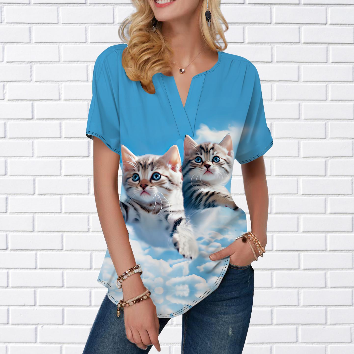 

Женская летняя футболка с принтом облака и кота, футболки с короткими рукавами, повседневные топы с принтом, маленький v-образный вырез, короткие рукава 8XL темно-синий