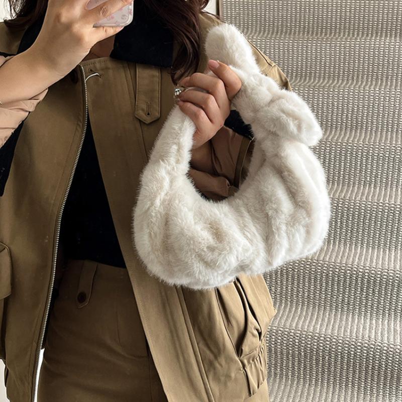 Women's Luxury Plush Clutch Cute Bow-shaped Handbag Headphone Coin Purse Fashion Faux Fur Solid Color Soft Pleated Cloud Bag