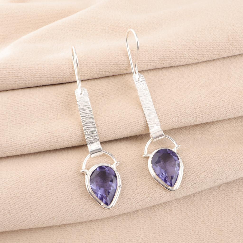Iolite Gemstone 925 Sterling Silver Jewelry Handmade Earrings 2.3" Gift For Her EE-166-3
