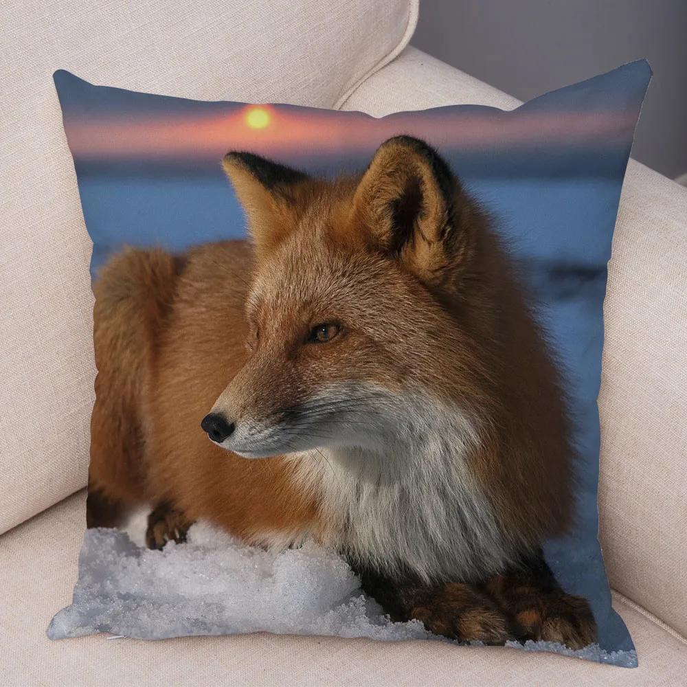 Cute Wild Fox Print Pillowcase Decorative  Animal  Polyester Cushion Cover for Sofa Home Car