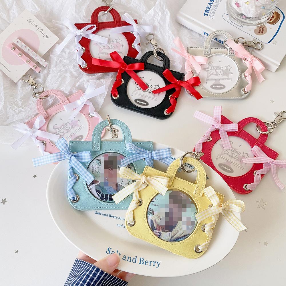 Korean Ballet Style Ribbon Hollow Badge Holder Transparent Round Pin Display Case for Ita Bag Cute Keychain Charm for Students