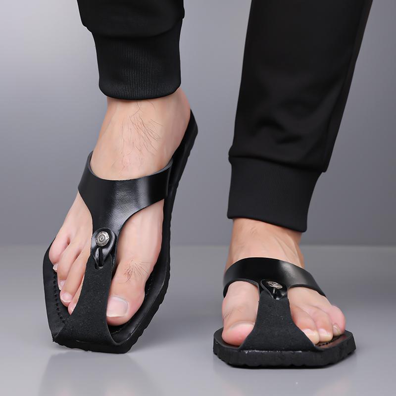 Herren Schwarz Leder Pantoffeln Einfache Flache Sommer Weiße Flip-Flops Outdoor Sandalen Braun Offene Zehen Strand Schuhe Übergröße