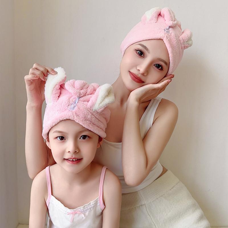 Dry Hair Cap Polyester Nylon Coral Fleece Absorbent Rabbit Ears Dry Hair Cap Towels Children's and Adults' Thickened Shower Caps
