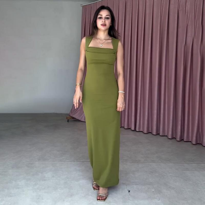 2025 Women's Sleeveless Square Neck Solid Color Bodycon Midi Dress
