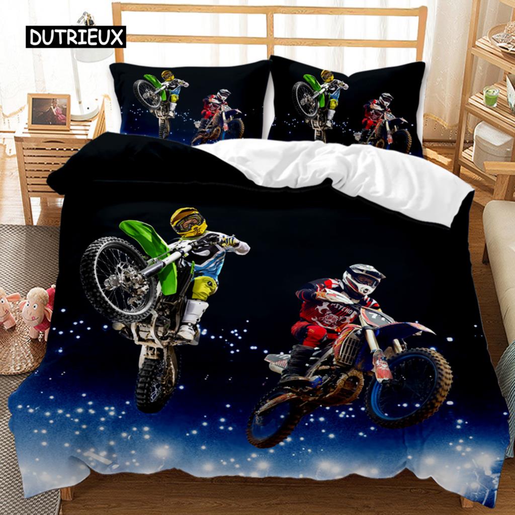 Motorcycle Duvet Cover Set Motocross Racing Bedding Dirt Bike Extreme Sports for Men Teens Boys Kids Polyester Comforter Cover