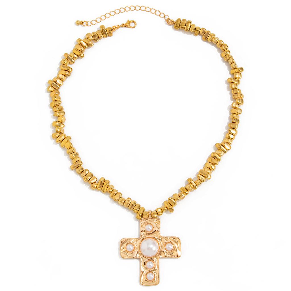 Sense Of Design Slightly Inlaid Imitation Pearl Cross Pendant Necklace, Creative Irregular Ccb Beaded Necklace