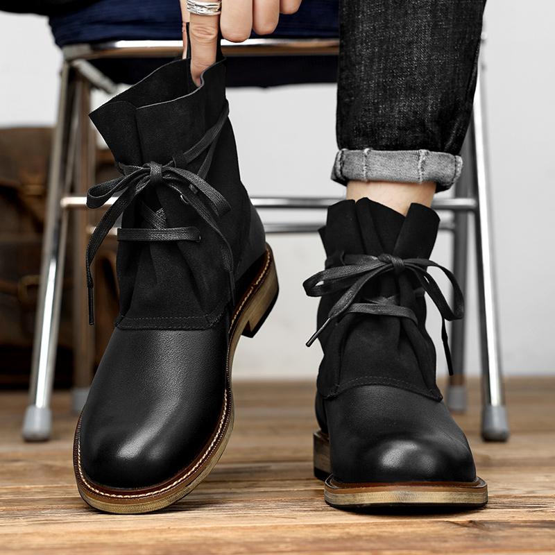 Stylish Male Business Casual High Top Shoes Genuine Leather Lace-Up for Men Motocross Boots High Quality All-match Male Boots