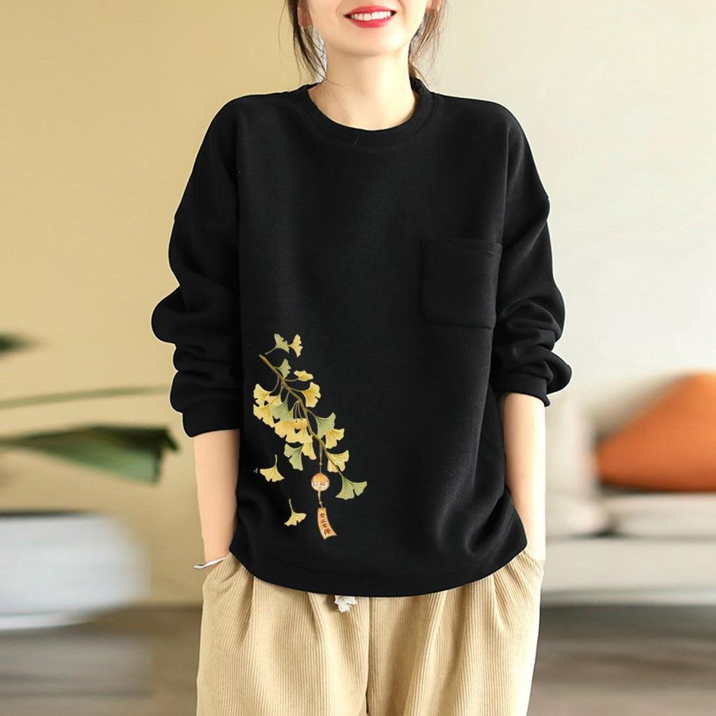 Pullover mit Tasche Sweatshirt Damen Herbst und Winter Neu Literarisch Westlicher Stil Vielseitiges Oberteil