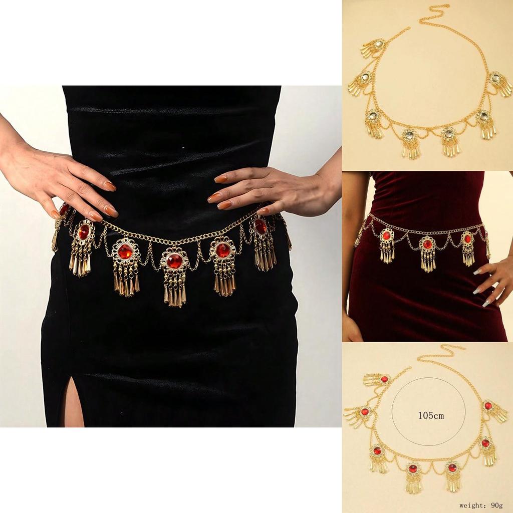 Bohemian Ethnic Red Acrylic Gemstone Fringe Waist Chain With Flower Pendant For Women