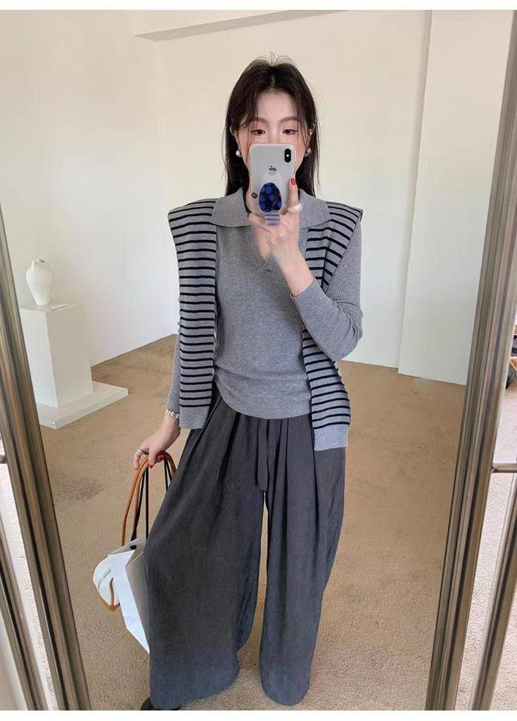 Women's Grey Striped Slim-Fit Long Sleeve Sweater, Autumn 2025 Collection