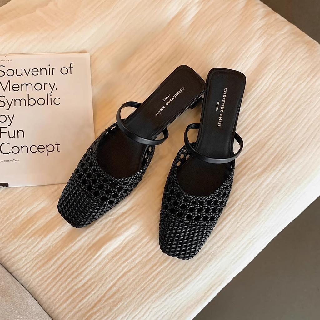 Sheepskin Version~ Hollow One-word Woven Thick Heel Half Slippers Women's Shoes Sandals Outer Wear