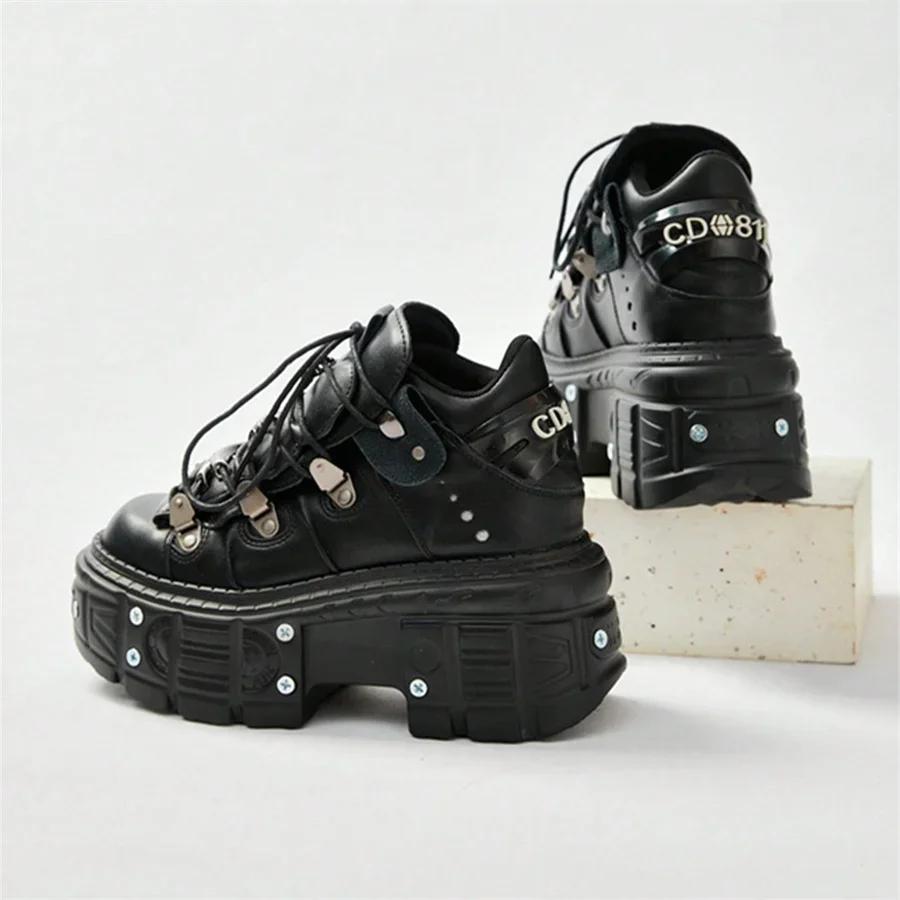 Fashion Punk Style Women Black Shoes Rock Metal Decor Lace-up Heel Height Platform Shoes Gothic Man Sneakers Women Ankle Boots New