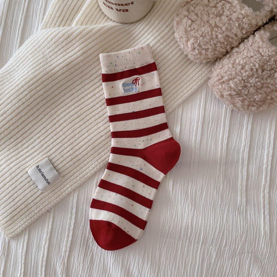 Female Autumn and Winter Bowknot Polka Dot Striped Cloth Logo New Year's Year Red Tube Pile Socks