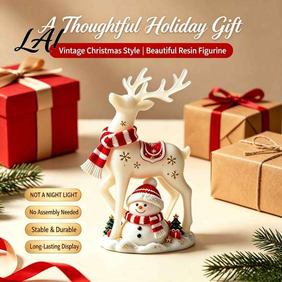 Christmas Table Decorations Reindeer Snowman Resin Figurine White Deer Statue with Red Scarf Decorative Collectibles for Home Winter Holiday
