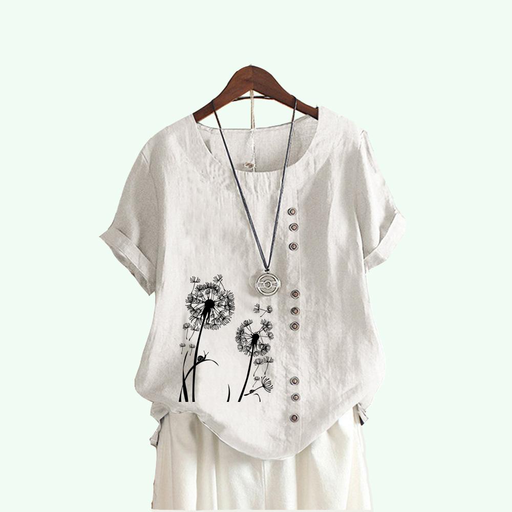 Women Fashion Floral Print Short Sleeve T-shirt Summer Casual Round Collar Cotton Linen Top Pullover Loose Blouses