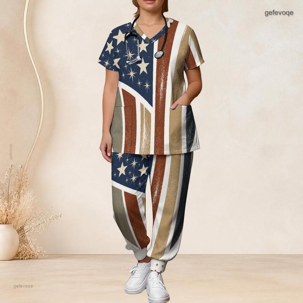 Women Plus Size V Neck Short Sleeve Scrub Set Retro American Flag Star Stripe Print Nurse Uniform Set