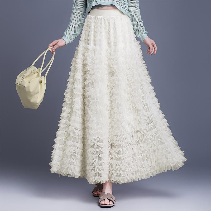 Elegant Mesh Fluffy Cake Skirt - Spring 2026 A-Line Midi with Wide Hem