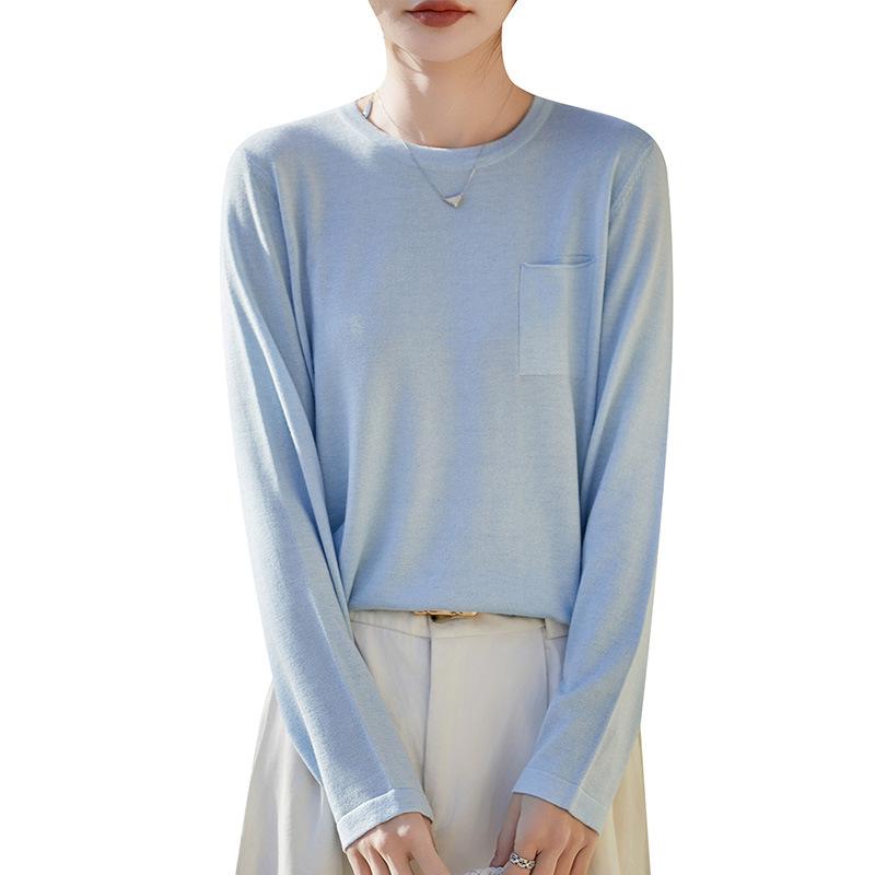Women's Slim Fit Solid Color Round Neck Wool Sweater - Long Sleeve Fine Knit Base Layer