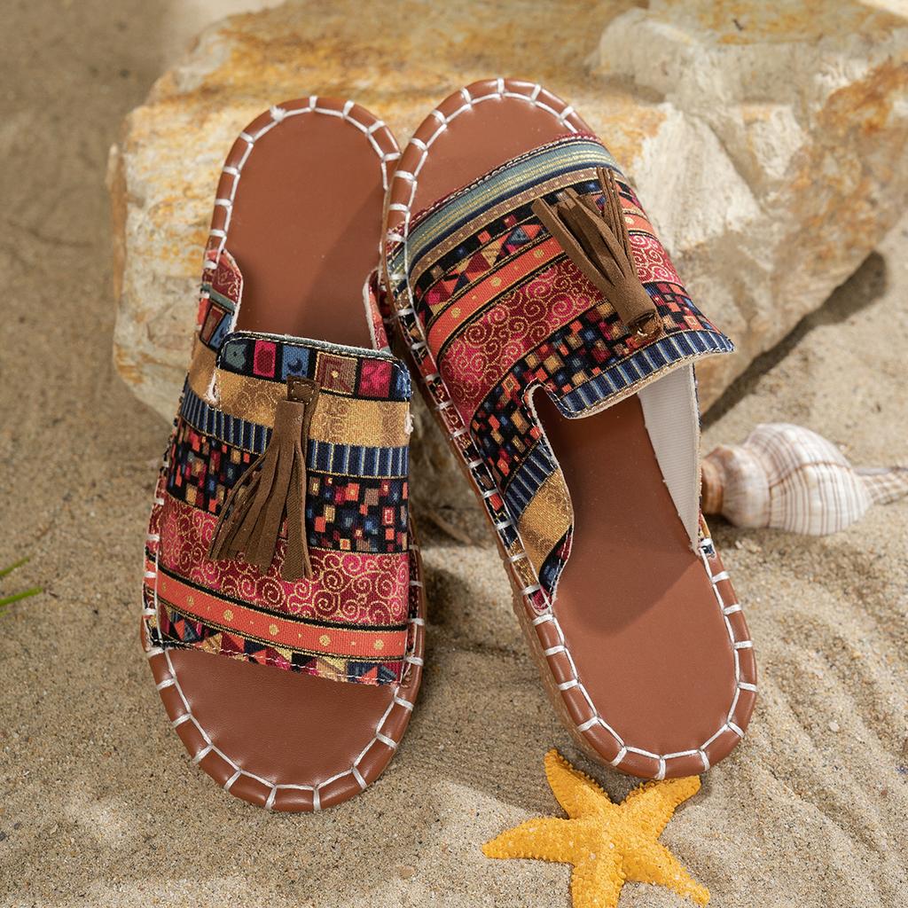 New Women's Fashion Slippers Round Toe Flat Sole Color Spelling Tassel Shoes Outdoor Beach Leisure Plus-size Zapatillas De Mujer