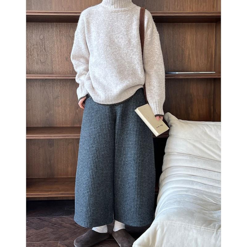 Johnature Wide-Leg Pants Women Vintage Plaid Cropped Pants Thick Casual Suit Pants For Winter