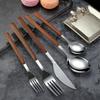 Islandqi Stainless Steel Cutlery Set: Korean-Style Wood Grain Handle Knife, Fork, and Spoon for Creative Dining.