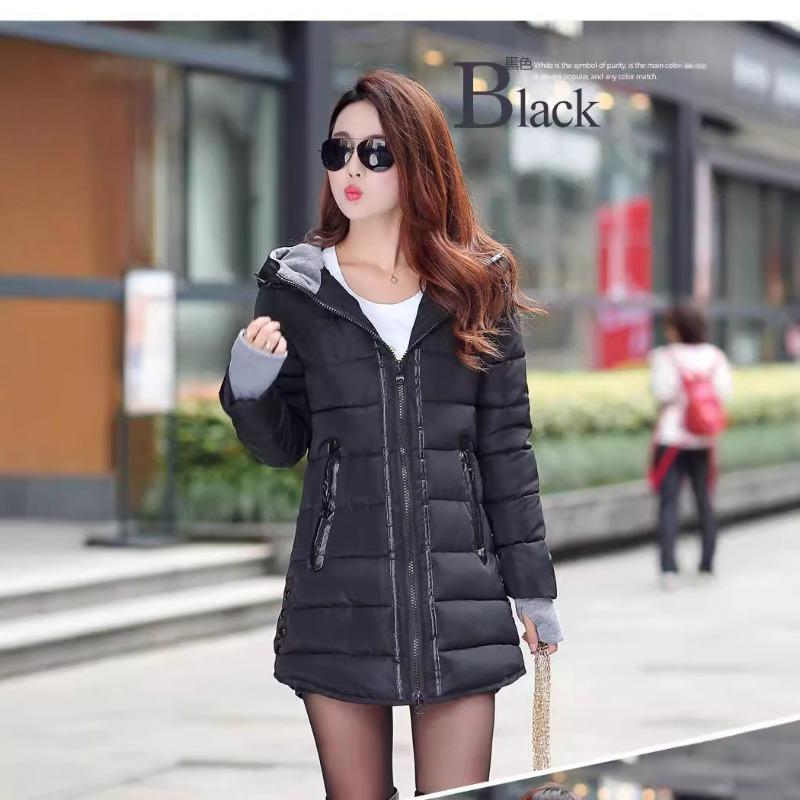 Medium and long cotton-padded clothes women's winter new gloves slim-fit hooded women's down cotton-padded jacket