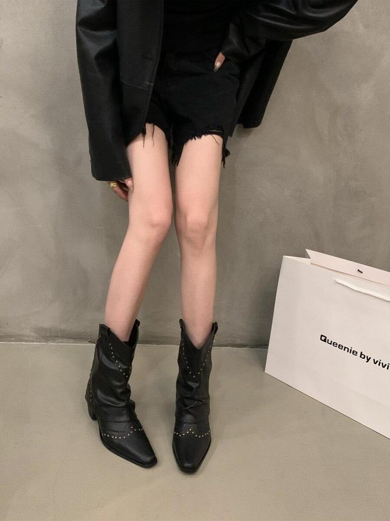 Retro Rivet Short Pant Boots French Women's Boots Versatile Western Cowboy Boots Knight Boots Small Short Boots