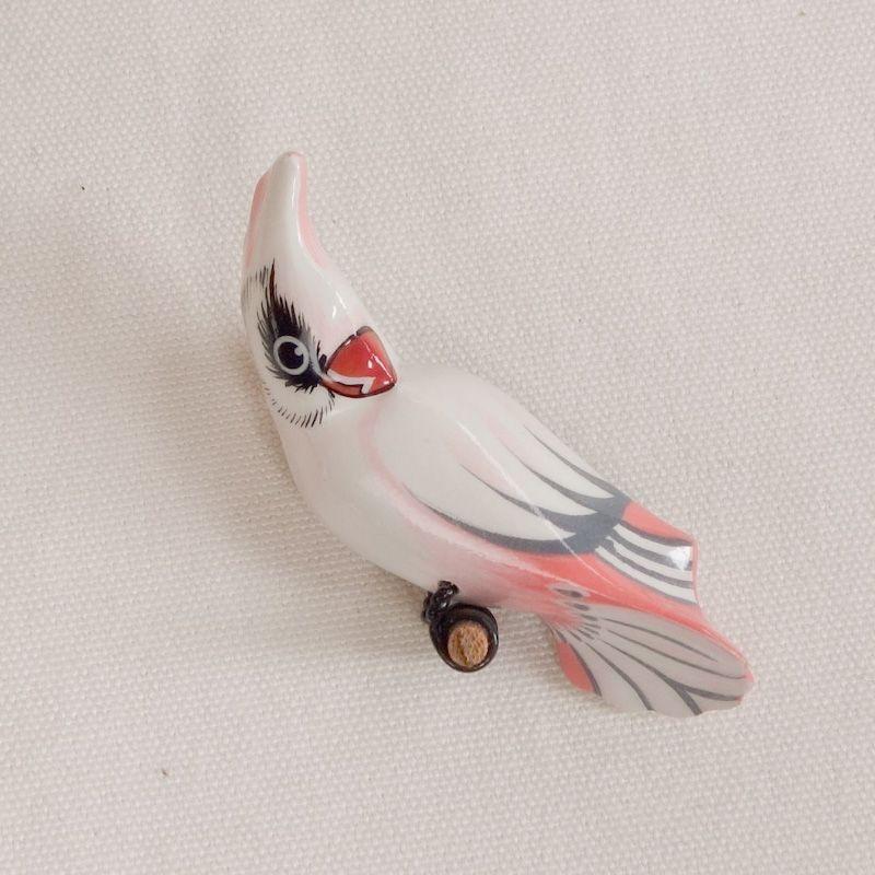 Used Wood carving brooch of wild birds, pink cockatoo, lovebird, handicraft