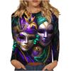 3D Mardi Gras Mask Printed Top Casual Long Sleeved Women's T-shirts - Soft Medium Stretch Polyester Fabric Spring and Autumn Relaxed Fit Clothing